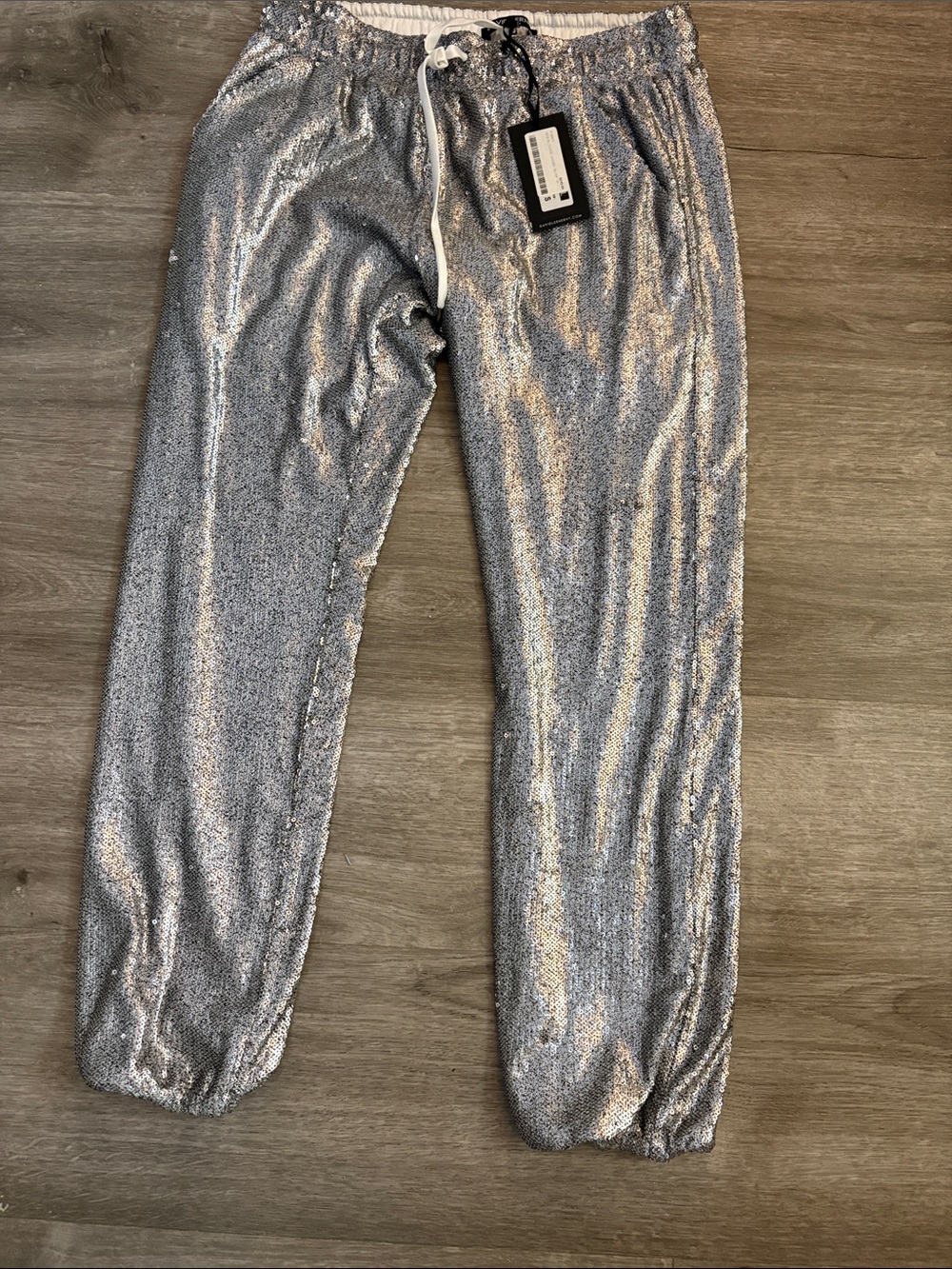 David Lerner Silver Sequin Jogger Track Pants